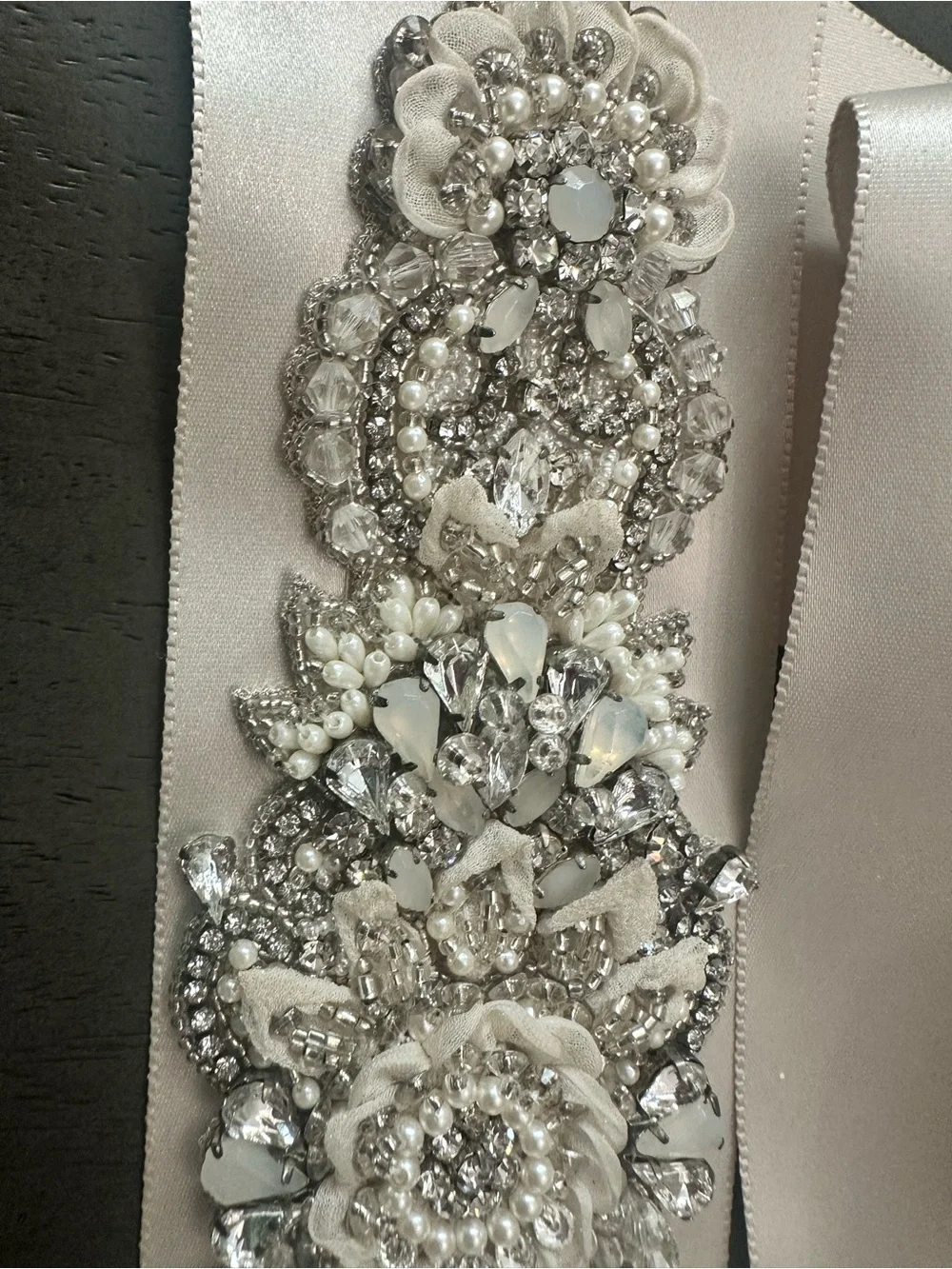 Handmade Ivory Satin Bridal Belt with Crystal & Pearl Applique